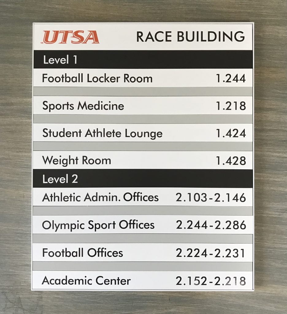 UTSA Race Building directory for athletic facilities.