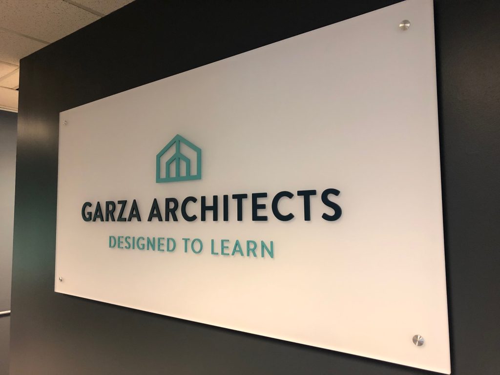 Garza Architects office sign with logo.